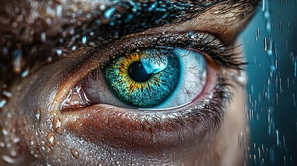 Wall Mural -  A tight shot of a blue eye dotted with water droplets on its iris