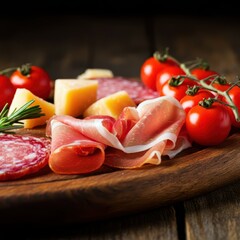 traditional italian antipasto platter, assorted cured meats like prosciutto and salami, cherry tomatoes, fresh rosemary and parmesan cheese chunks on rustic wooden surface, low angle close-up view, wa