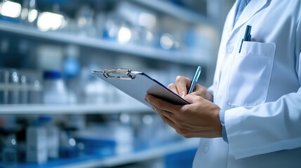 Wall Mural - Doctor in lab coat writing on clipboard in a laboratory setting.