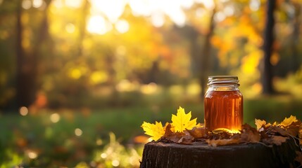 Wall Mural - Honey Jar on Tree Stump with Autumn Leaves