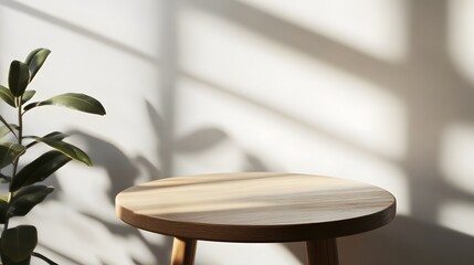 Poster - Wooden Stool with Sunlight and Green Plant in Minimalist Interior