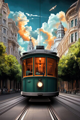 A green trolley is traveling down a street with a cloudy sky in the background. The trolley is surrounded by trees and buildings, giving the scene a sense of urban life