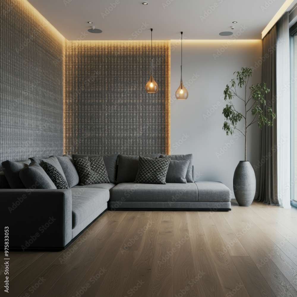 large living room, modern interior design, long gray sectional sofa ...