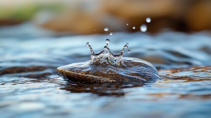  A tight shot of a rock submerged in water, with droplets cascading from its peak