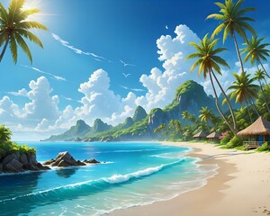 Wall Mural - An exotic island paradise with clear blue water, sandy white beaches, swaying palm trees, vibrant tropical flowers, and a clear blue sky, fantasy art 