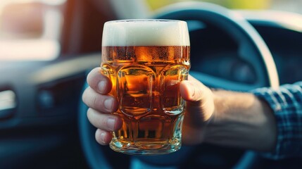 Soft-focus image of a man driving with a beer glass in hand, underscoring the risk of impaired driving.