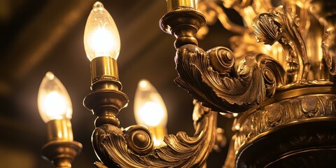 Poster - Ornate brass chandelier with lit bulbs.