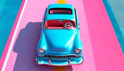 Charming Vintage Blue Car on a Playful Pink and Blue Road from Above