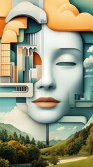 Wall Mural - A digital art of a woman's face with clouds and mountains in the background, AI