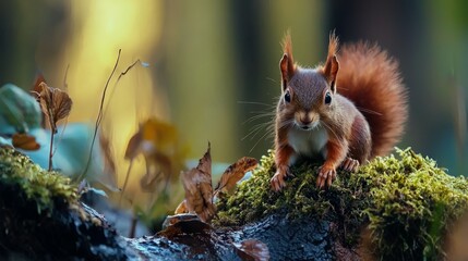 Wall Mural -  A tight shot of a squirrel atop mossy ground, surrounded by trees and leaves with an out-of-focus backdrop