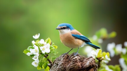 Wall Mural -  A small blue bird sits atop a branch, surrounded by white flowers against a verdant backdrop