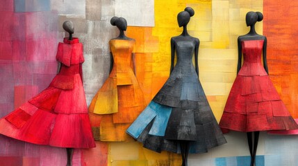 Canvas Print - A group of three mannequins dressed in colorful dresses, AI