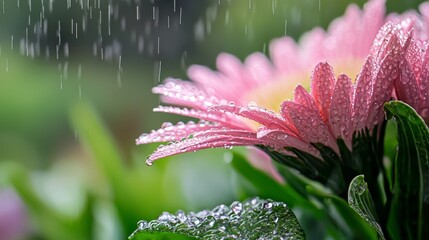  A tight shot of a pink bloom speckled with water droplets, a green leaf positioned prominently in the foreground