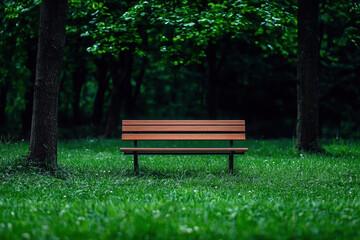 A wooden bench sits in a lush green park. The bench is empty and surrounded by trees. The scene is peaceful and serene, inviting visitors to sit and relax in the park