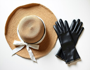 A flat lay of a straw hat and a pair of black leather gloves.