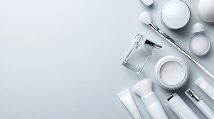 A white cosmetics products are arranged on a table, AI