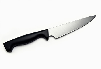 A sharp, stainless steel knife with a black handle.