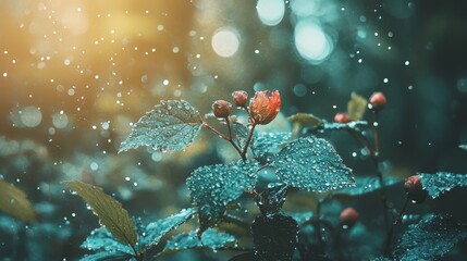 Poster -  A tight shot of a plant, dewdrops glistening on its leaves, sun rays penetrating through the window behind