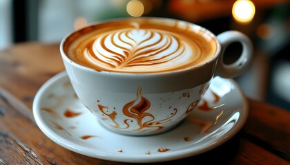 Elegant latte art atop a glass of coffee surrounded by vibrant Torenia flowers, showcasing a blend of creativity and nature in a captivating setting