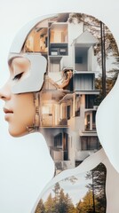 Canvas Print - A woman with a mask of houses and trees on her face, AI