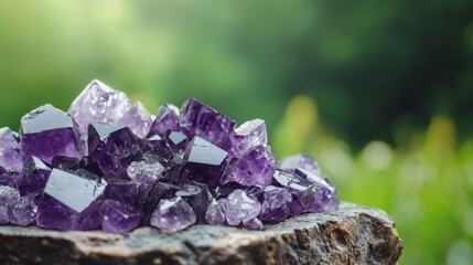 Poster -  A group of amethyst crystals atop a rock amidst a sea of green grass and trees