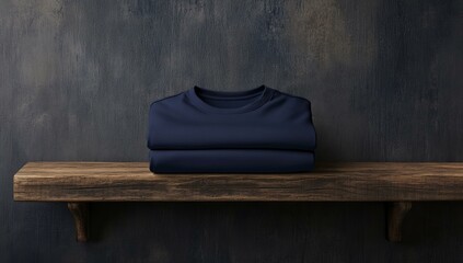 Poster - Folded navy blue t-shirt on a rustic shelf.