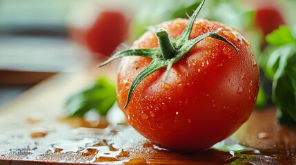 Wall Mural -  A tight shot of a ripe tomato on a cutting board, basil nearby, and water droplets glistening atop