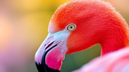 Wall Mural -  A tight shot of a pink flamingo's head against a softly blurred backdrop of yellow and pink