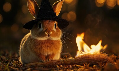 A brown rabbit wearing a black pointed hat sitting next to a broomstick