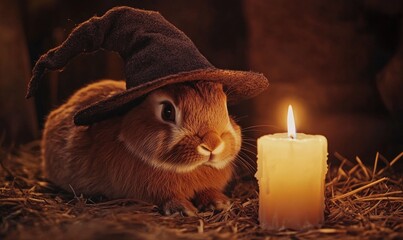 Wall Mural - A brown rabbit with a crooked hat resting beside a glowing candle