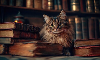 Poster - A fluffy brown cat with a ghost costume, sitting next to a stack of spell books