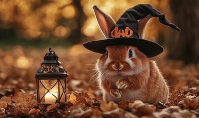 Wall Mural - A fluffy brown rabbit in a pointed hat sitting near a glowing lantern