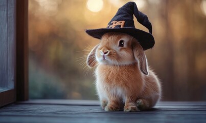 Wall Mural - A fluffy rabbit wearing a small hat sitting on a wooden floor