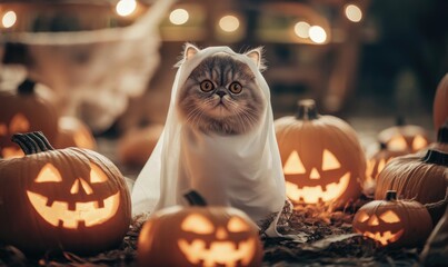 Wall Mural - A fluffy gray cat in a ghost costume, surrounded by glowing Halloween lanterns