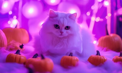 Wall Mural - A fluffy white cat wearing a ghost costume with tiny pumpkins around