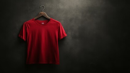 Poster - Red t-shirt on a wooden hanger against a black background.