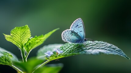 Wall Mural -  A blue butterfly perches on a green leaf Nearby, a green-and-white plant is surrounded by leaves