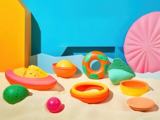 summer fun colorful design geometric patterns minimalist backdrop beach toy playful mood clean composition vacation vibes creative product photography 9