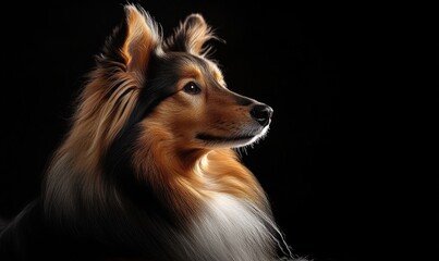 Wall Mural - A Sheltie sitting calmly in a studio with a black background