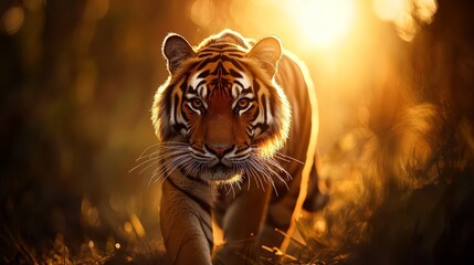 Wall Mural -  A tight shot of a tiger sauntering through a lush grassfield Sun rays filtering through tree canopies behind