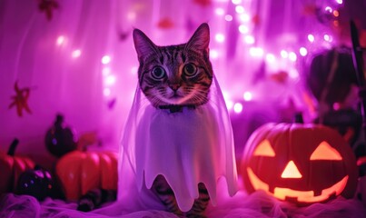 Wall Mural - A tabby cat wearing a ghost costume, surrounded by Halloween decorations