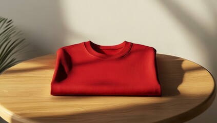 Wall Mural - Red folded shirt on a wooden table.