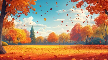 Wall Mural - scenic view of an autumn park with colorful trees and falling leaves ideal for a tranquil walk or a serene outdoor experience