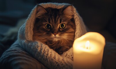 Poster - Close-up of a fluffy brown cat in a ghost costume