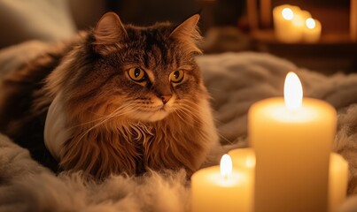 Wall Mural - Close-up of a fluffy brown cat in a ghost costume