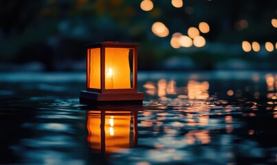 Wall Mural - Close-up of a single floating lantern, glowing brightly in the night