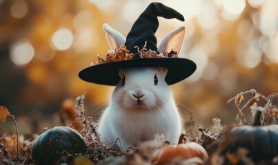 Close-up of a white rabbit in a black pointed hat, soft Halloween decorations around