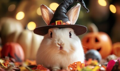 Wall Mural - Close-up of a white rabbit in a black pointed hat, soft Halloween decorations around