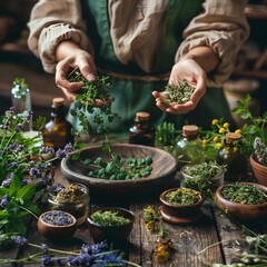 Herbalist Preparing Natural Holistic Remedies with Fresh Herbs and Essential Oils for Alternative Medicine