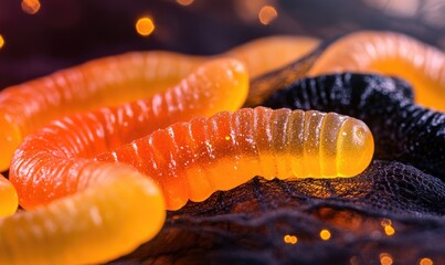 Canvas Print - Close-up of gummy worms in bright orange and black